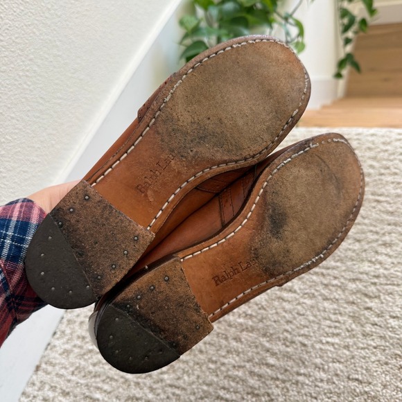 VINTAGE 80s RALPH LAUREN Two Tone Leather Penny Loafers 7.5 AA BENCH MADE MAINE - Picture 10 of 10